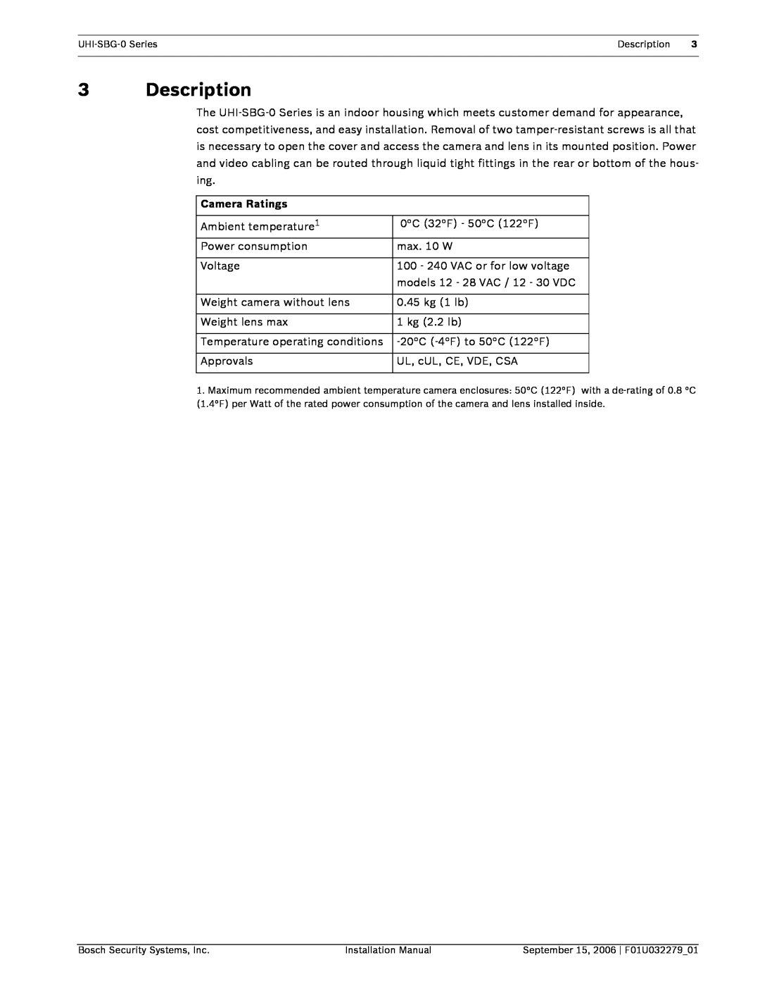 Bosch Appliances UHI-SBG-0 installation manual Description, Camera Ratings 