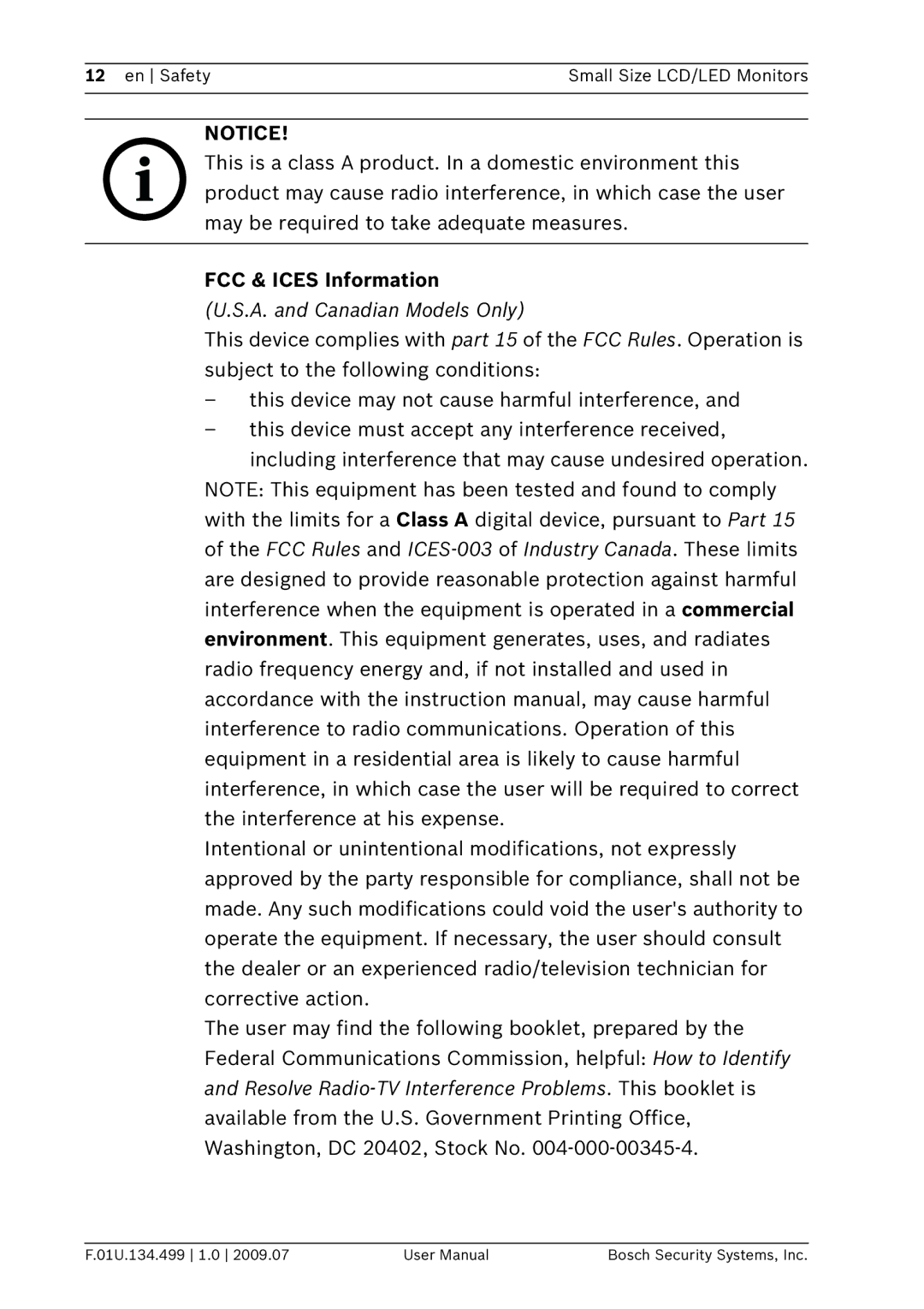 Bosch Appliances UML-102-90, UML-100-90, UML-080-90, UML-082-90 FCC & Ices Information, A. and Canadian Models Only 