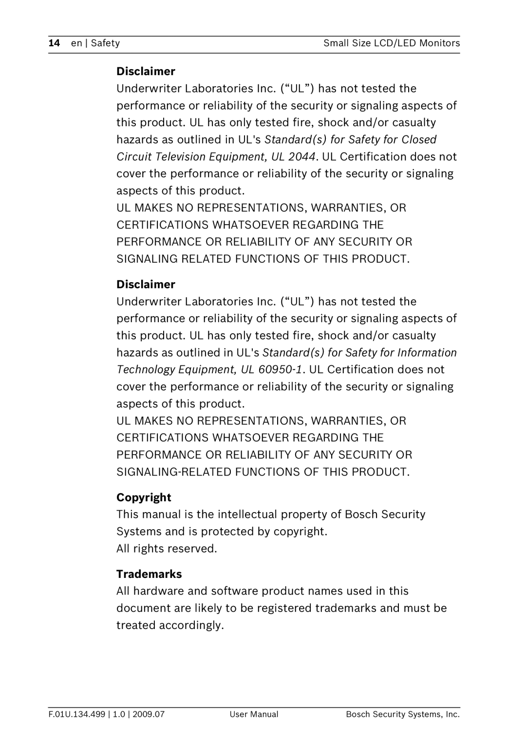 Bosch Appliances UML-080-90, UML-102-90, UML-100-90, UML-082-90 user manual Disclaimer, Copyright, Trademarks 