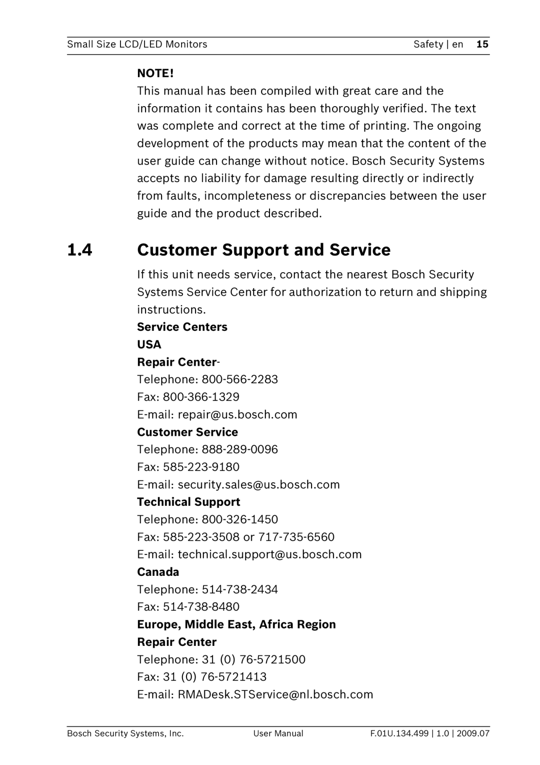 Bosch Appliances UML-082-90, UML-102-90, UML-100-90, UML-080-90 user manual Customer Support and Service 