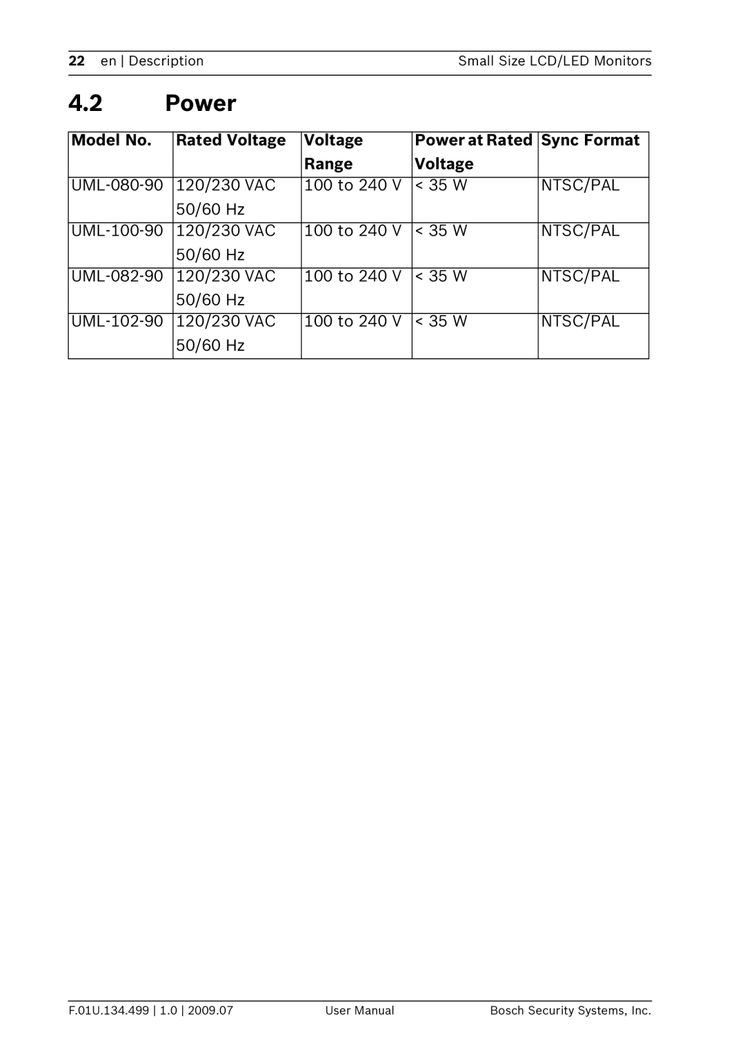 Bosch Appliances UML-080-90, UML-102-90, UML-100-90, UML-082-90 Model No Rated Voltage Power at Rated Sync Format Range 