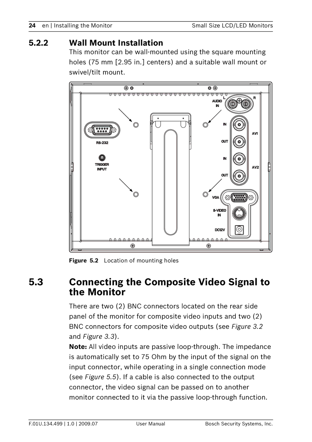 Bosch Appliances UML-102-90, UML-100-90 Connecting the Composite Video Signal to the Monitor, Wall Mount Installation 