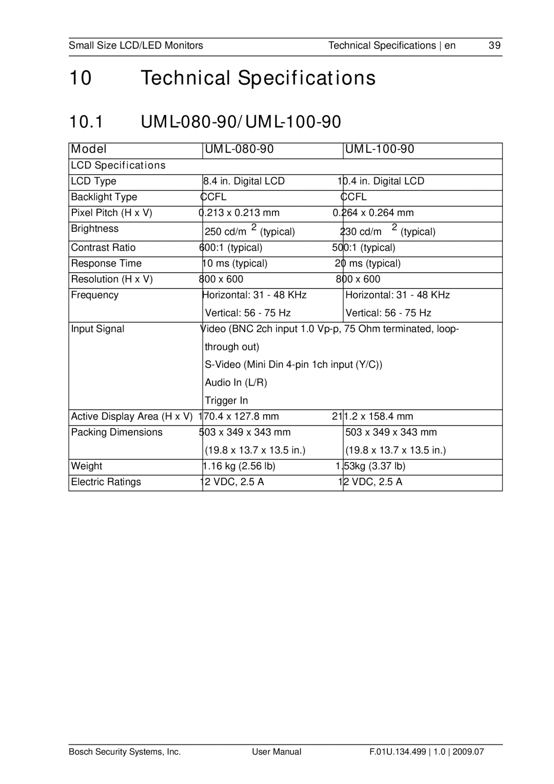 Bosch Appliances UML-082-90, UML-102-90 Technical Specifications, UML-080-90/UML-100-90, Model UML-080-90 UML-100-90 