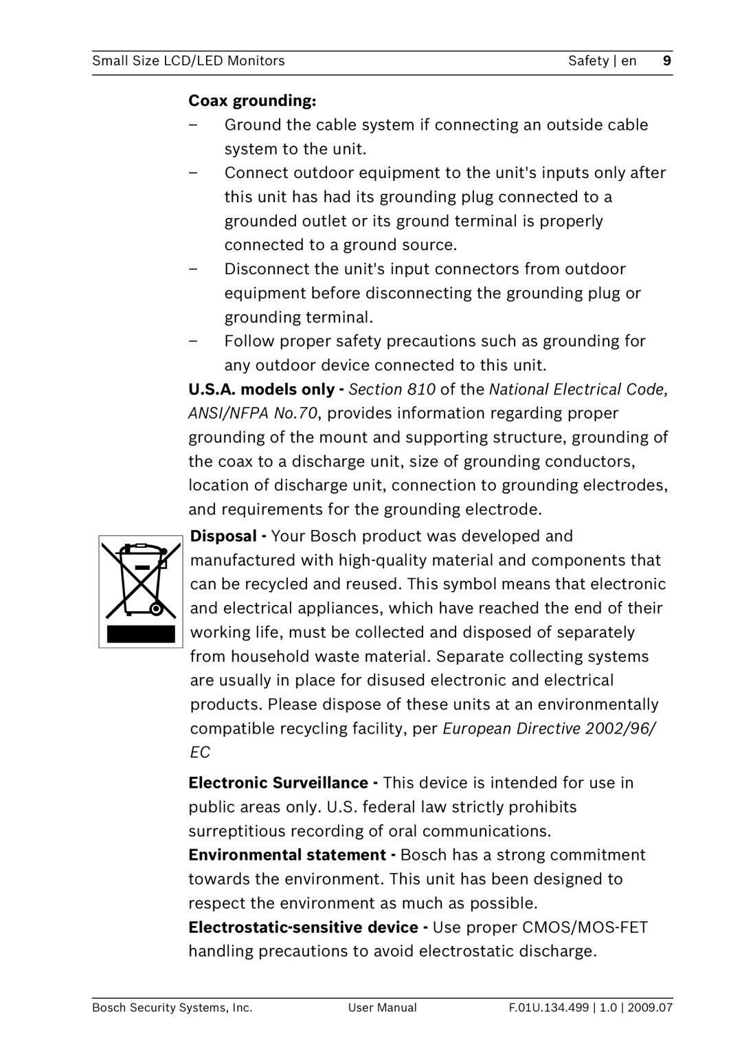 Bosch Appliances UML-100-90, UML-102-90, UML-080-90, UML-082-90 user manual Coax grounding 