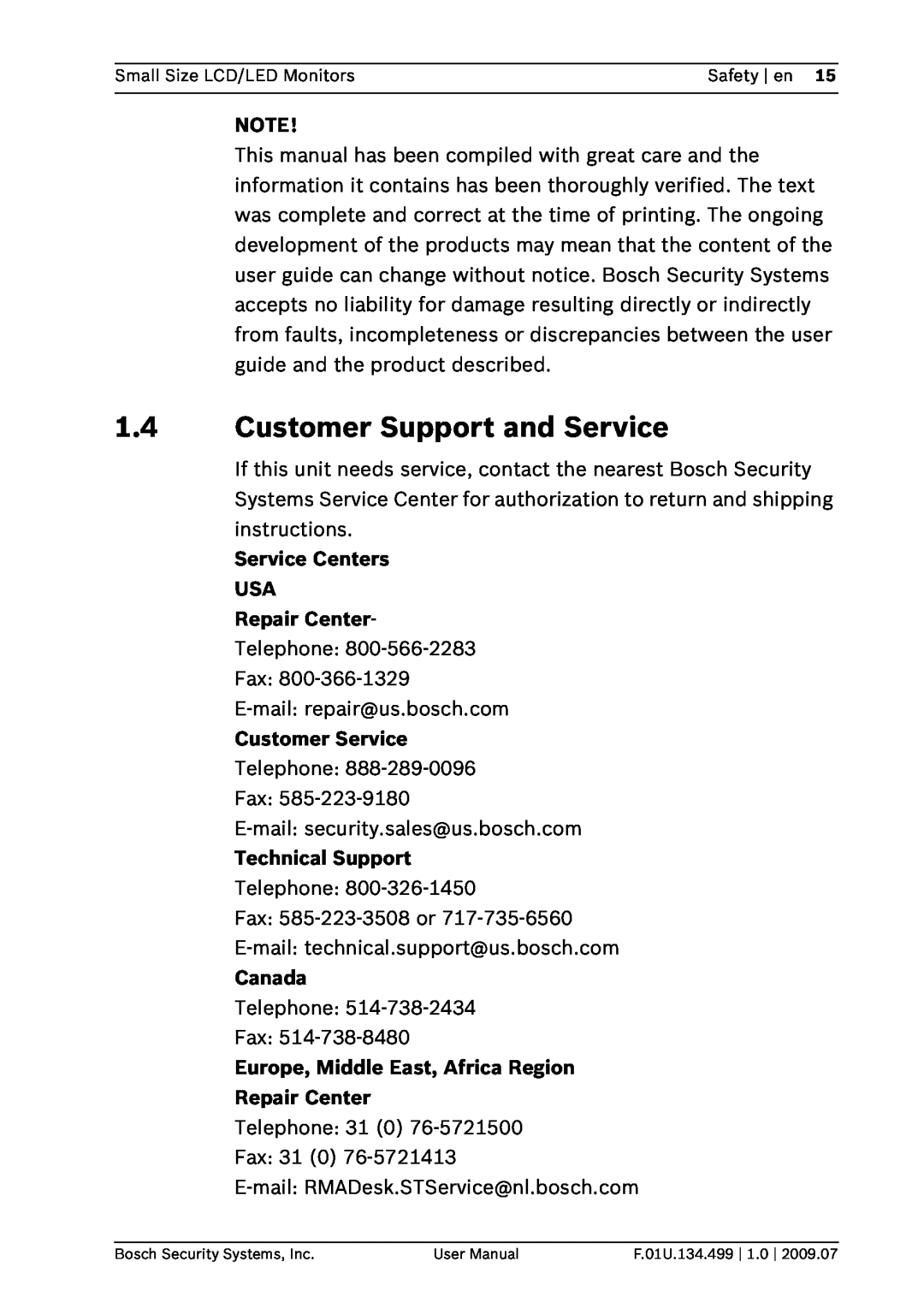 Bosch Appliances UML-082-90 Customer Support and Service, Service Centers USA Repair Center, Customer Service, Canada 
