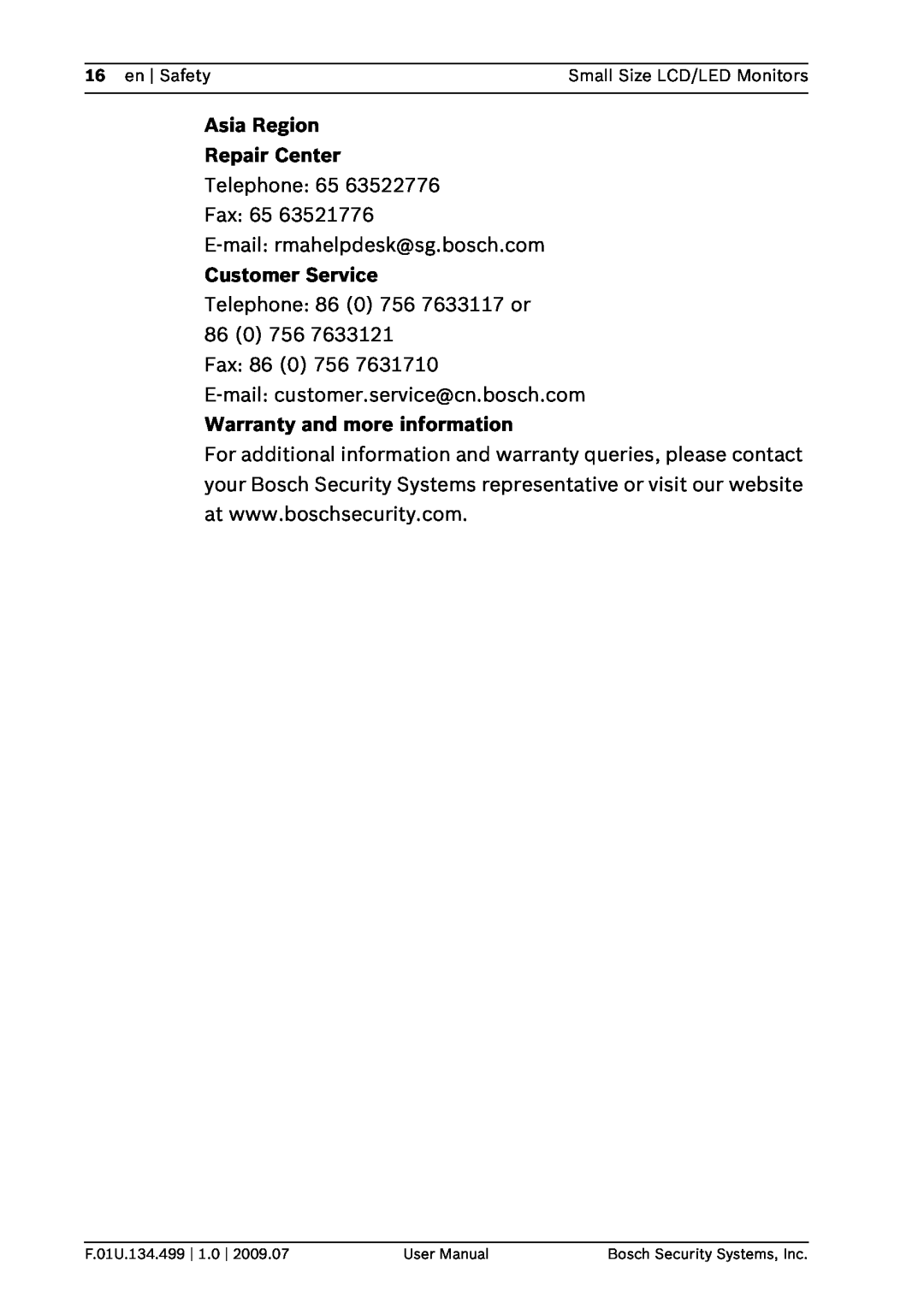 Bosch Appliances UML-102-90 Asia Region Repair Center, Warranty and more information, Customer Service, F.01U.134.499 1.0 