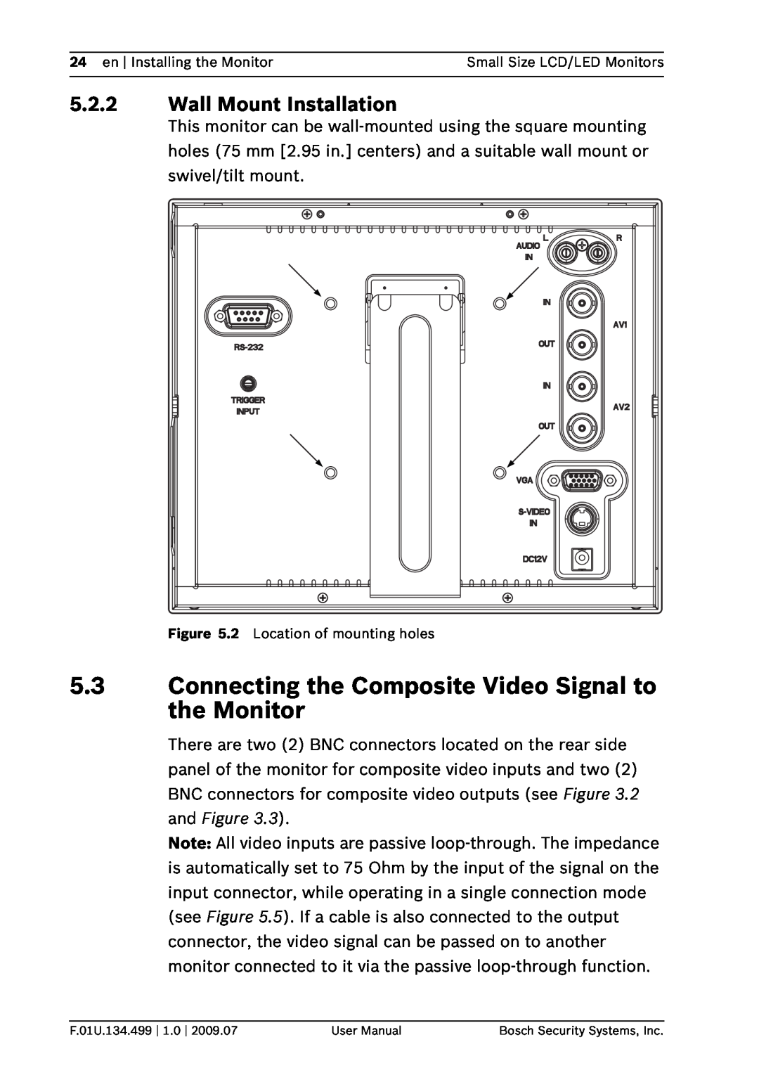 Bosch Appliances UML-102-90, UML-100-90 Connecting the Composite Video Signal to the Monitor, Wall Mount Installation 