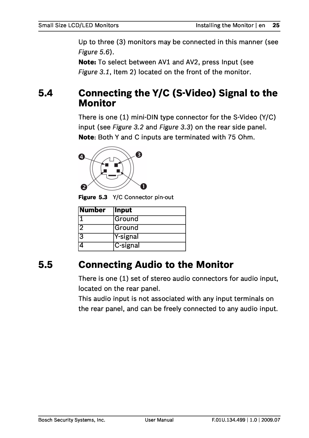 Bosch Appliances UML-100-90 Connecting the Y/C S-Video Signal to the Monitor, Connecting Audio to the Monitor, Number 