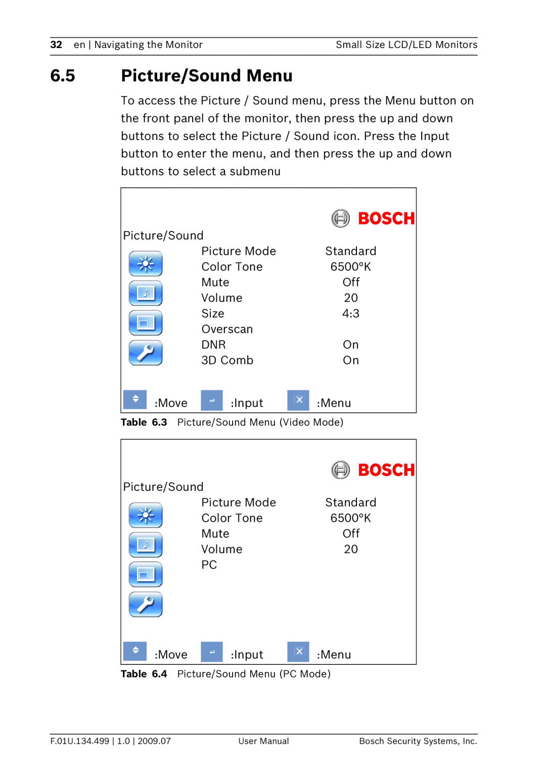 Bosch Appliances UML-102-90, UML-100-90, UML-080-90, UML-082-90 user manual Picture/Sound Menu 