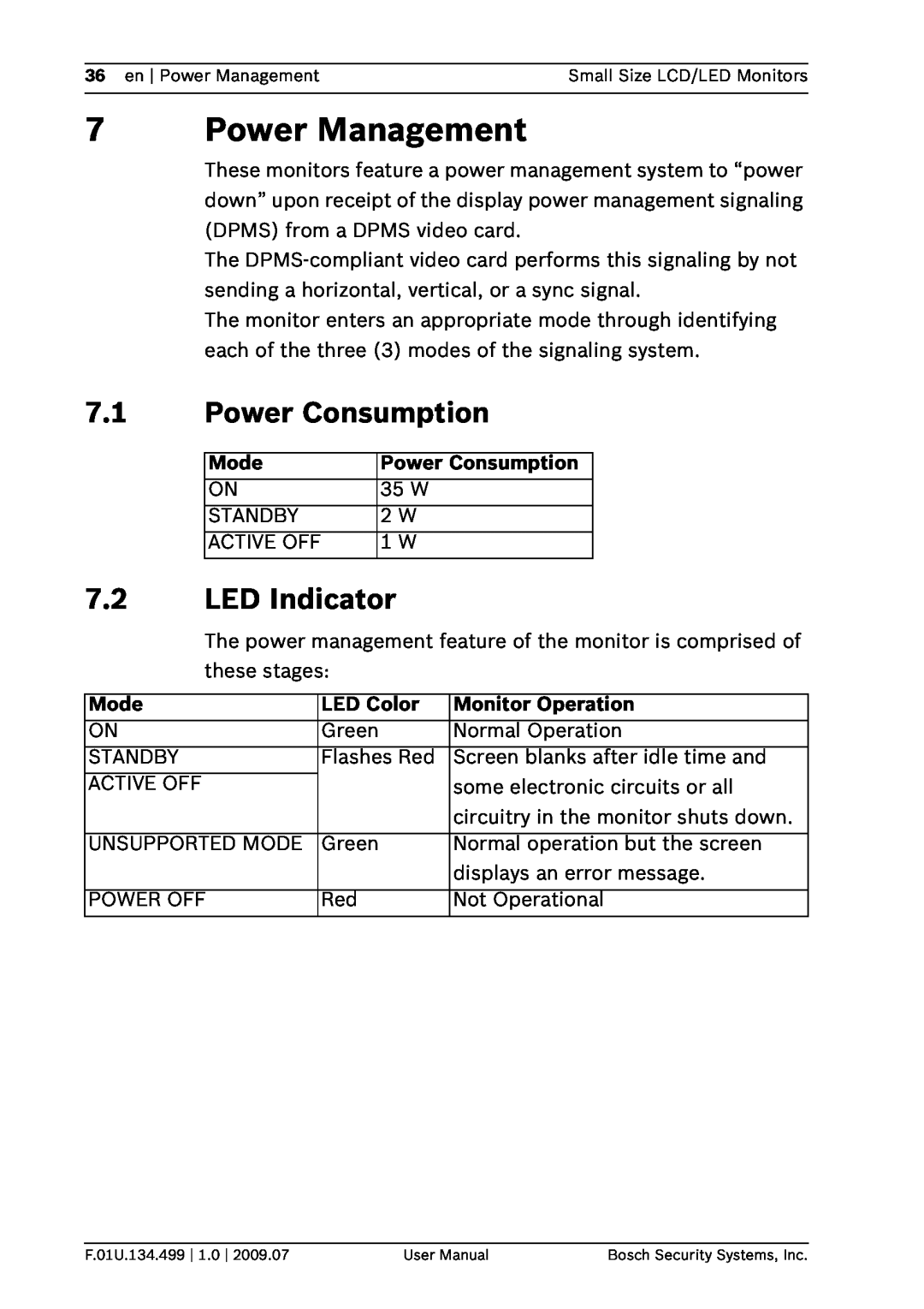 Bosch Appliances UML-102-90 Power Management, Power Consumption, LED Indicator, Mode, LED Color, Monitor Operation 