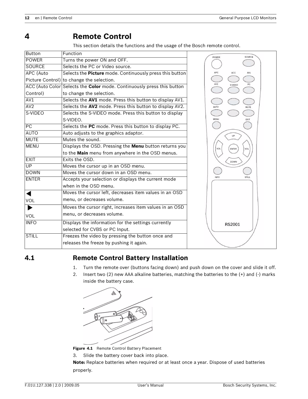 Bosch Appliances UML-191-90, UML-151-90, UML-171-90 user manual Remote Control Battery Installation 