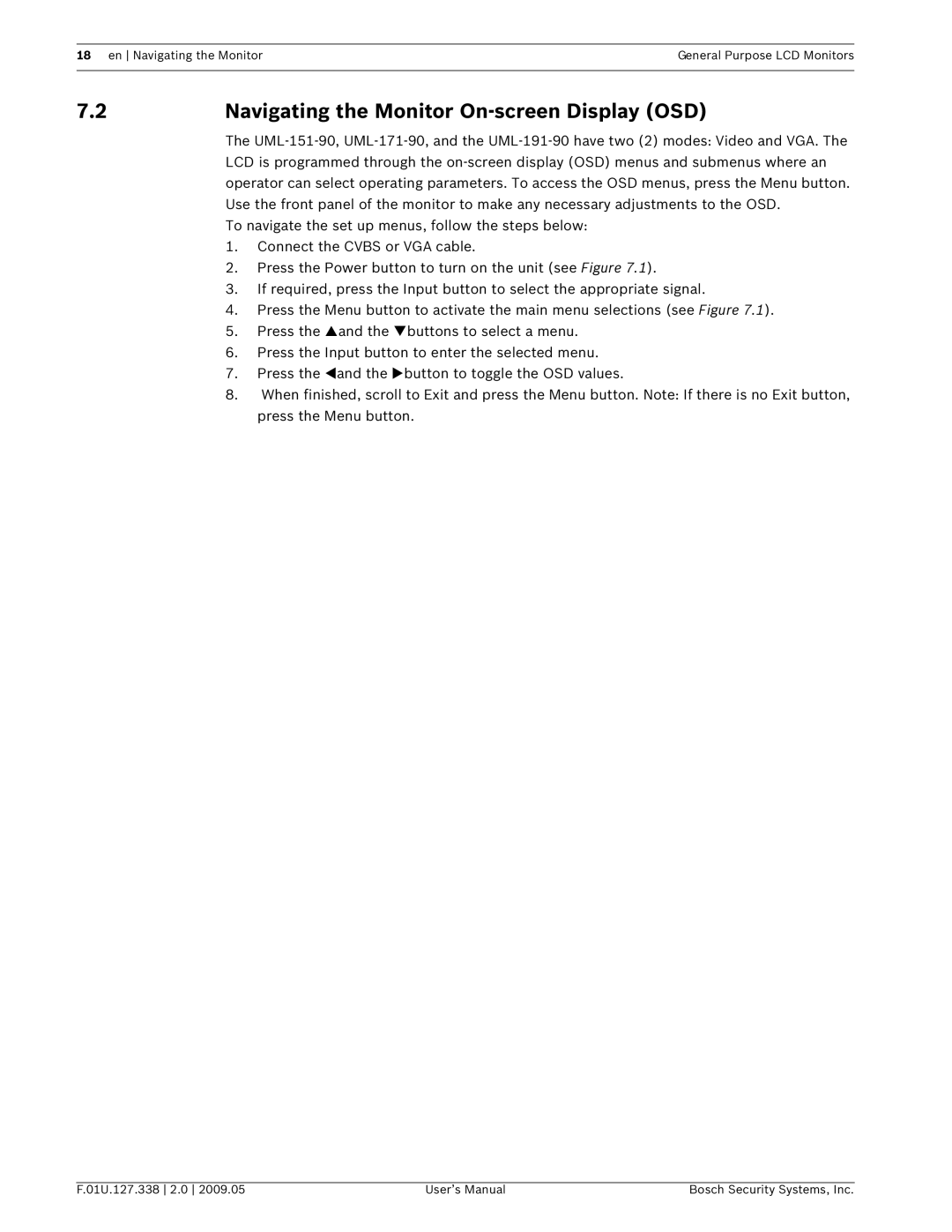 Bosch Appliances UML-191-90, UML-151-90, UML-171-90 user manual Navigating the Monitor On-screen Display OSD 