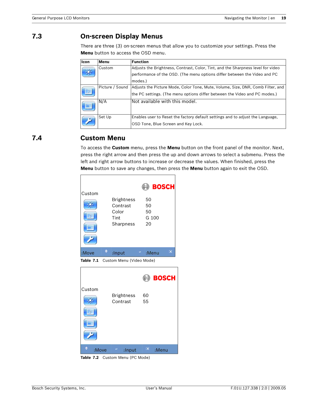 Bosch Appliances UML-171-90, UML-151-90, UML-191-90 On-screen Display Menus, Custom Menu, Not available with this model 