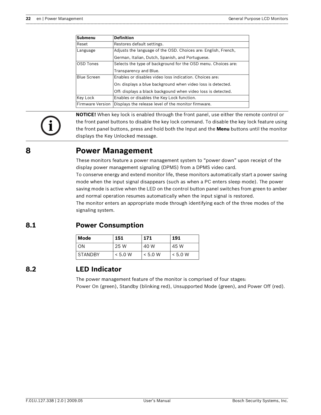 Bosch Appliances UML-171-90, UML-151-90 Power Management, Power Consumption, LED Indicator, Mode 151 171 191, Standby 