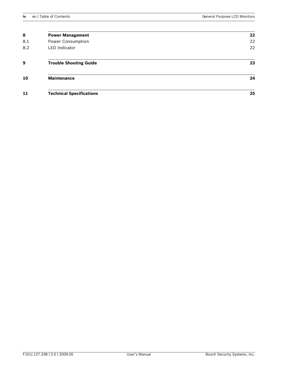 Bosch Appliances UML-191-90, UML-151-90, UML-171-90 user manual Iv en Table of ContentsGeneral Purpose LCD Monitors 