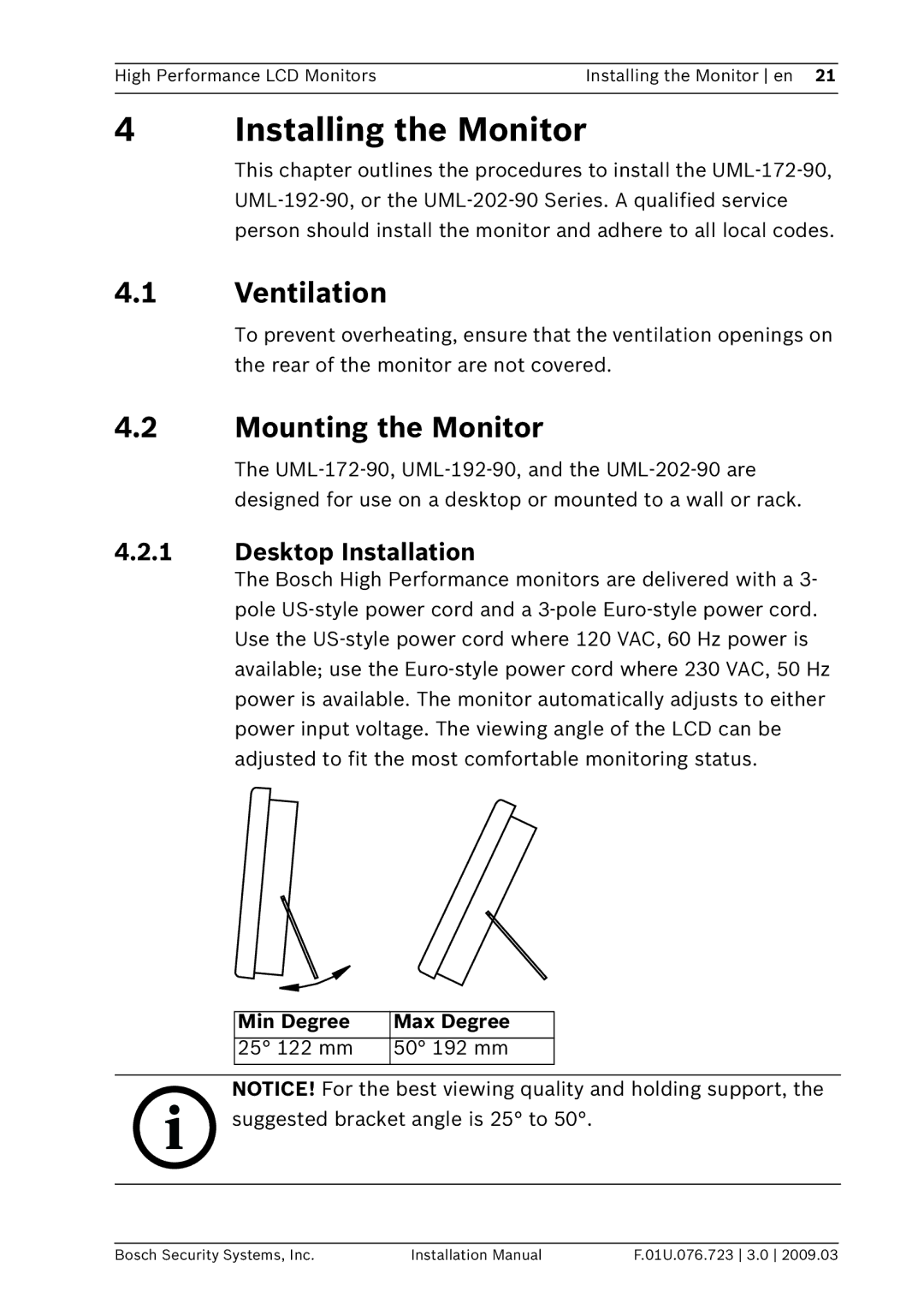 Bosch Appliances UML-172-90 Installing the Monitor, Ventilation, Mounting the Monitor, Suggested bracket angle is 25 to 