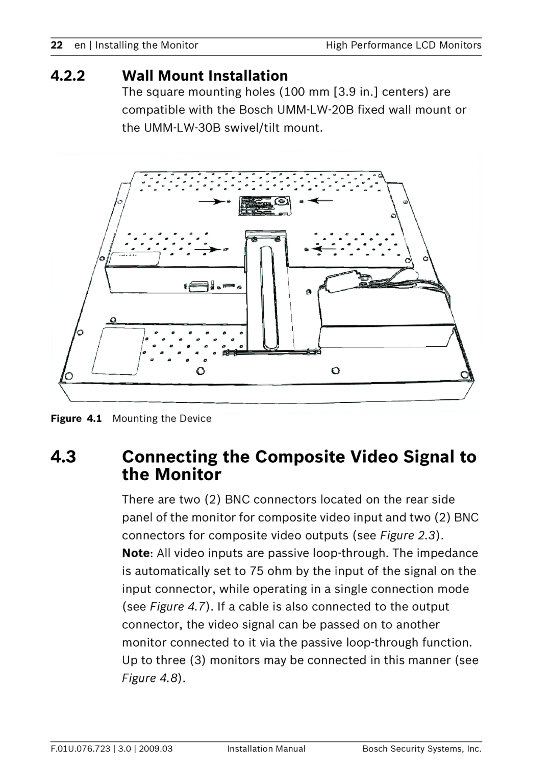 Bosch Appliances UML-192-90, UML-202-90 Connecting the Composite Video Signal to the Monitor, Wall Mount Installation 