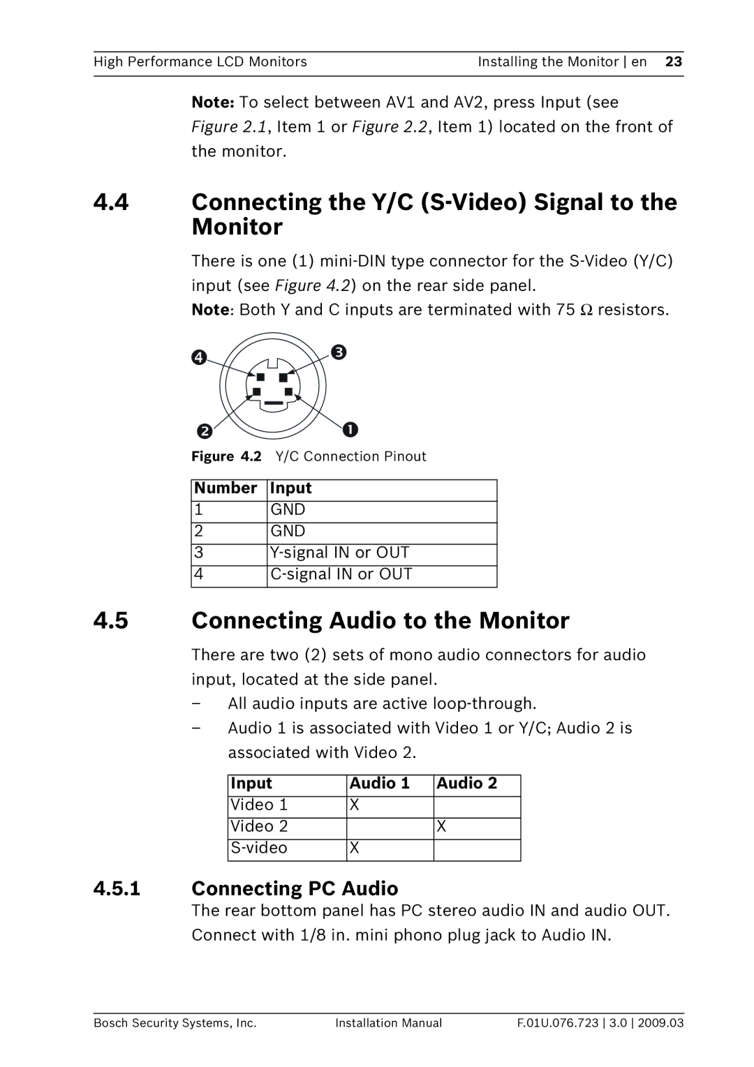 Bosch Appliances UML-202-90 Connecting the Y/C S-Video Signal to the Monitor, Connecting Audio to the Monitor, Gnd 