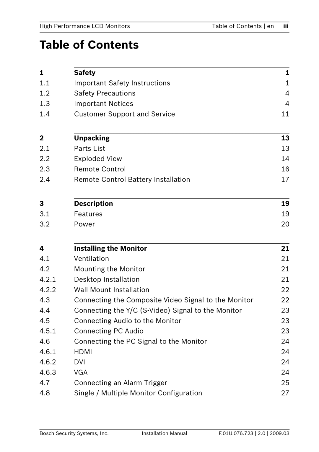 Bosch Appliances UML-202-90, UML-172-90, UML-192-90 installation manual Table of Contents 