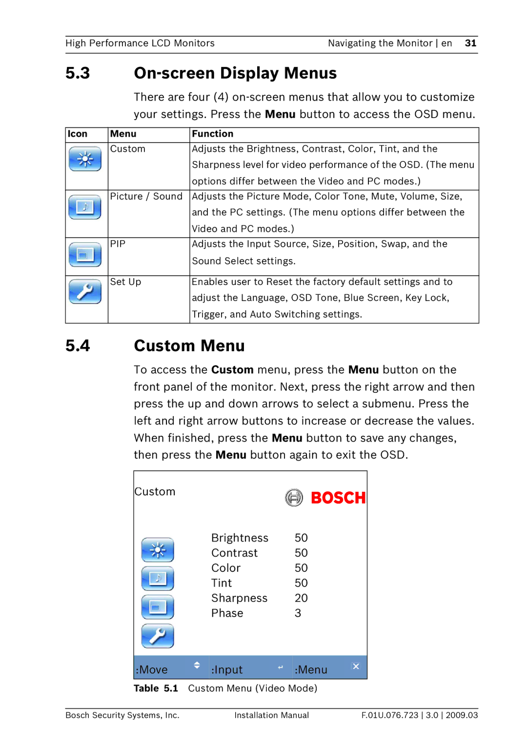 Bosch Appliances UML-192-90, UML-202-90, UML-172-90 installation manual On-screen Display Menus, Custom Menu 