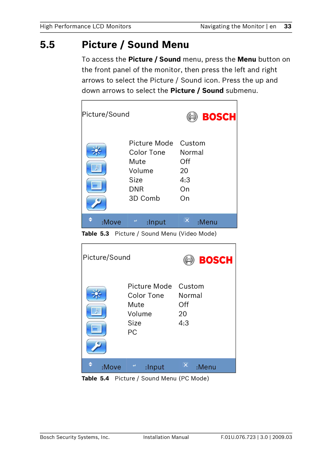 Bosch Appliances UML-172-90, UML-202-90, UML-192-90 installation manual Picture / Sound Menu, Dnr, 3D Comb Move Input Menu 