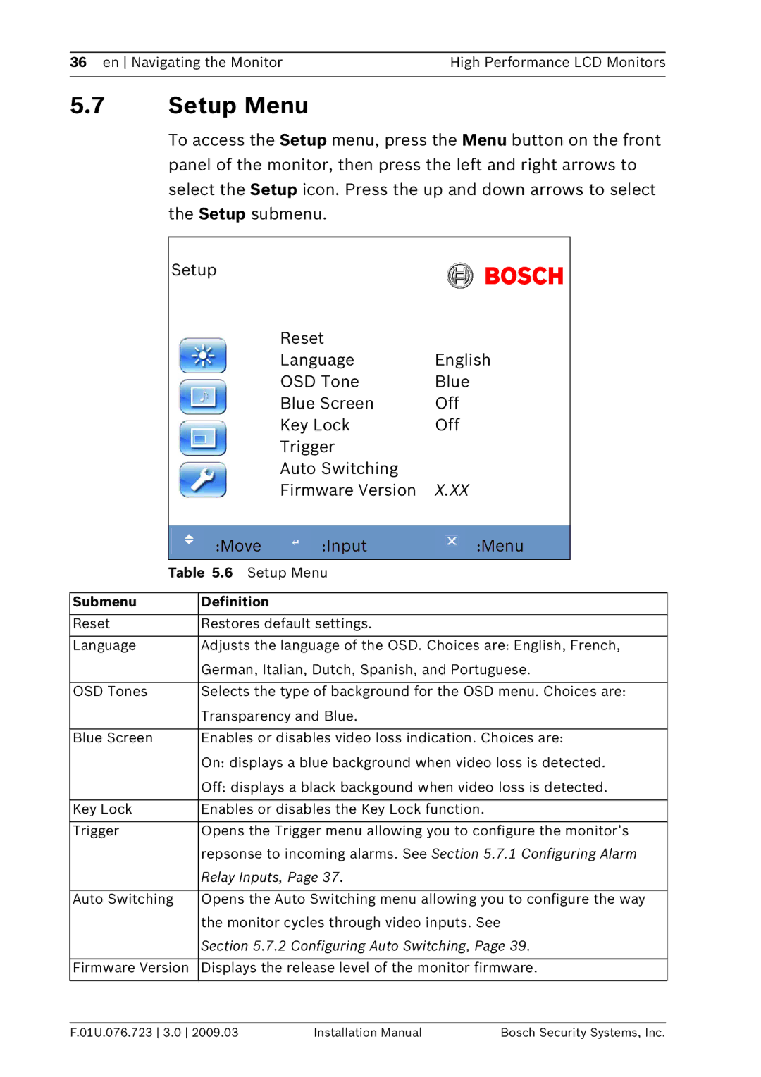 Bosch Appliances UML-172-90, UML-202-90, UML-192-90 installation manual Setup Menu Submenu Definition 