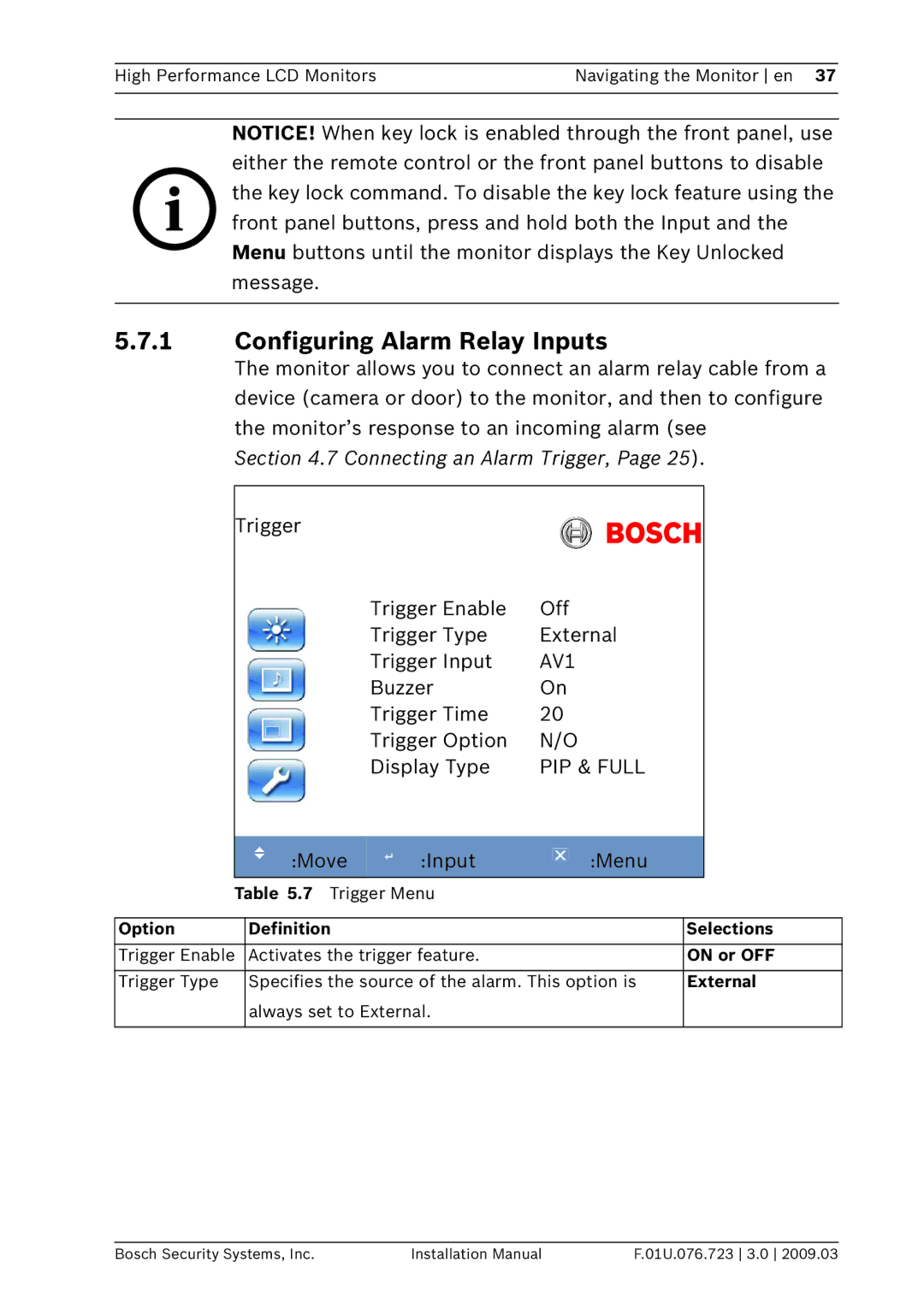 Bosch Appliances UML-192-90, UML-202-90 Buzzer Trigger Time Trigger Option Display Type, PIP & Full, Move Input Menu 