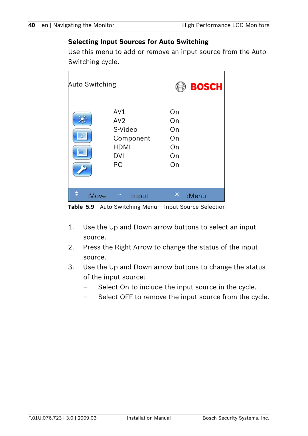 Bosch Appliances UML-192-90, UML-202-90 Selecting Input Sources for Auto Switching, AV1 AV2, Video Component, Hdmi DVI 