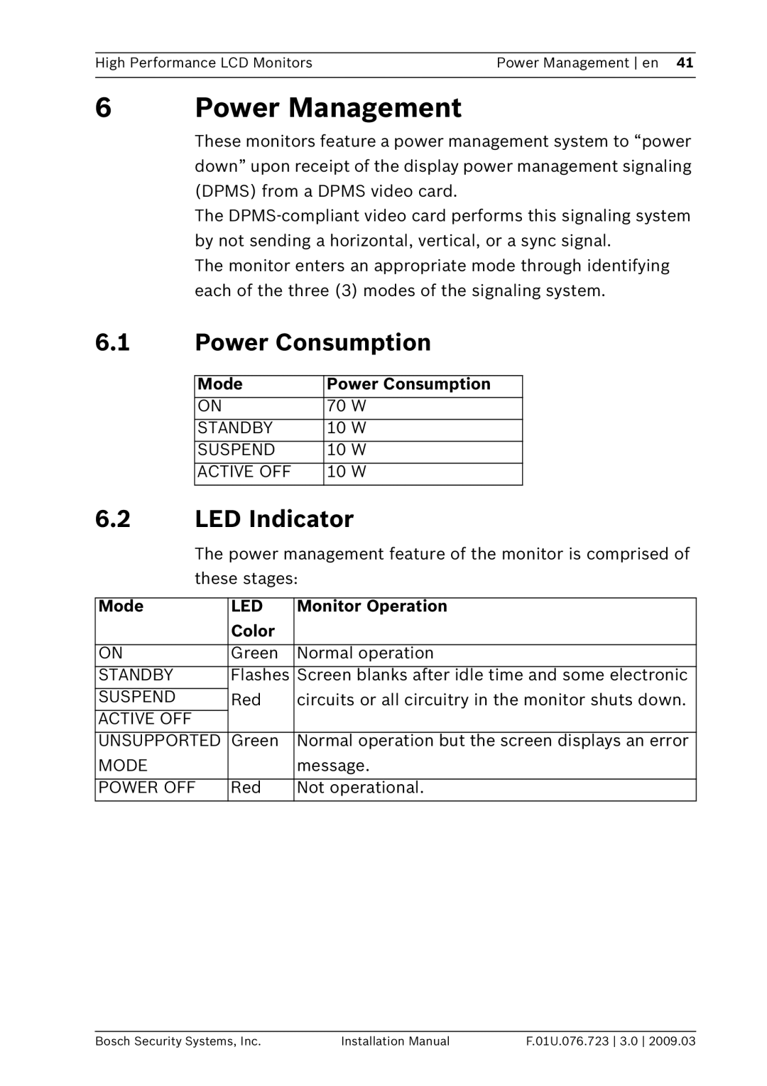 Bosch Appliances UML-202-90, UML-172-90, UML-192-90 installation manual Power Management, Power Consumption, LED Indicator 