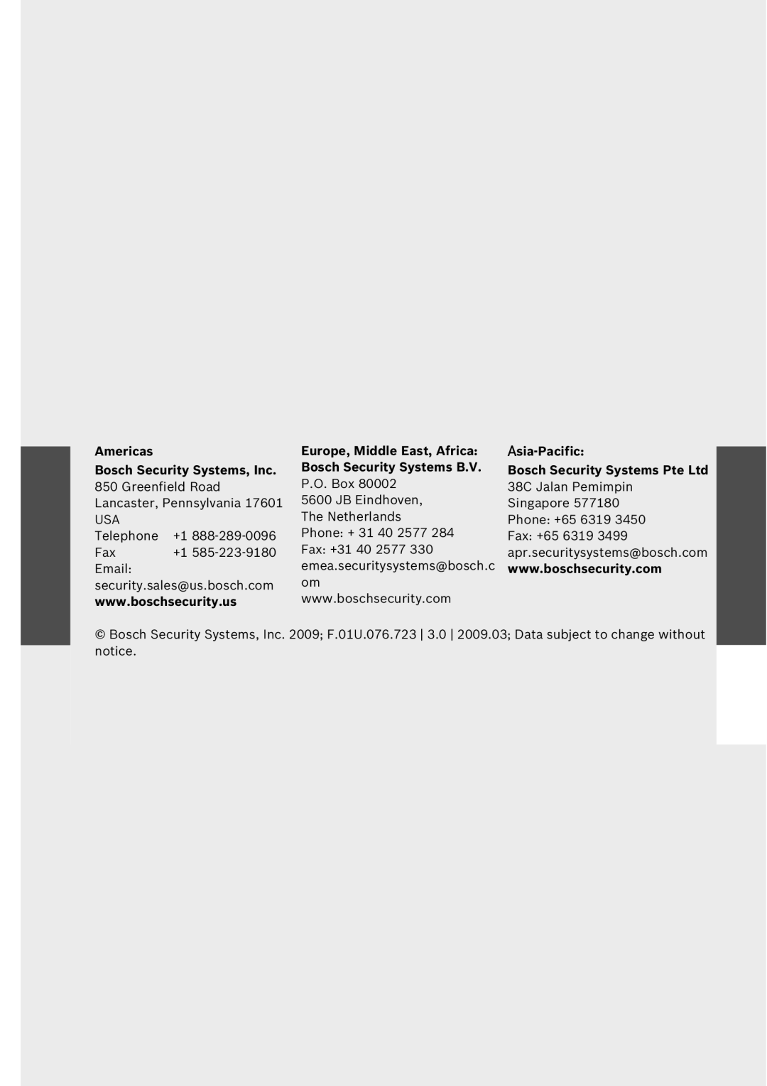 Bosch Appliances UML-172-90, UML-202-90, UML-192-90 Europe, Middle East, Africa Bosch Security Systems B.V 