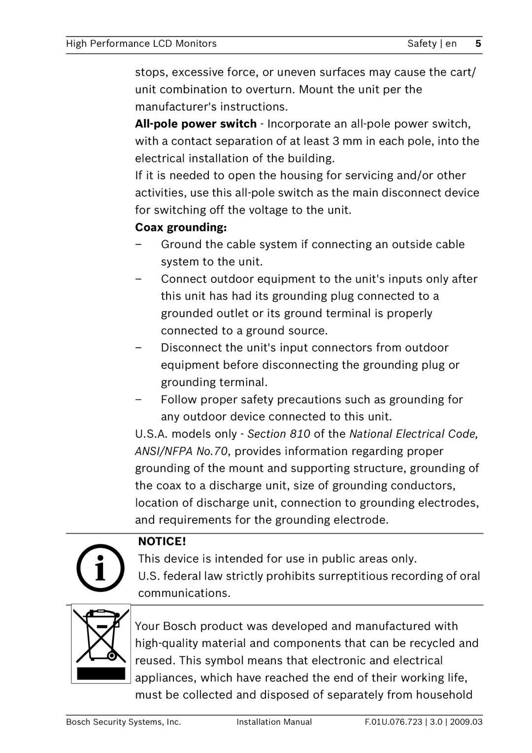 Bosch Appliances UML-202-90 Coax grounding, This device is intended for use in public areas only, Communications 