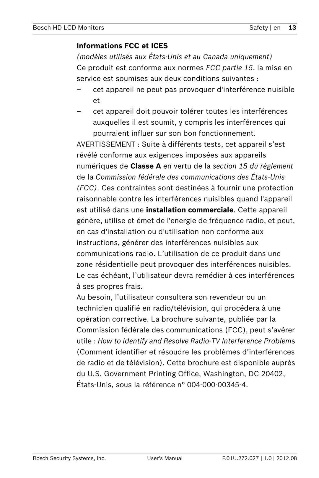 Bosch Appliances UML-193-90, UML-223-90 Informations FCC et Ices, Modèles utilisés aux États-Unis et au Canada uniquement 