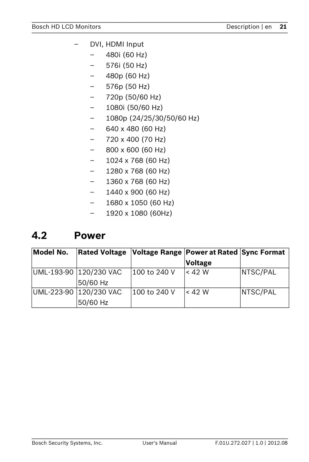 Bosch Appliances UML-193-90, UML-223-90 user manual Power 