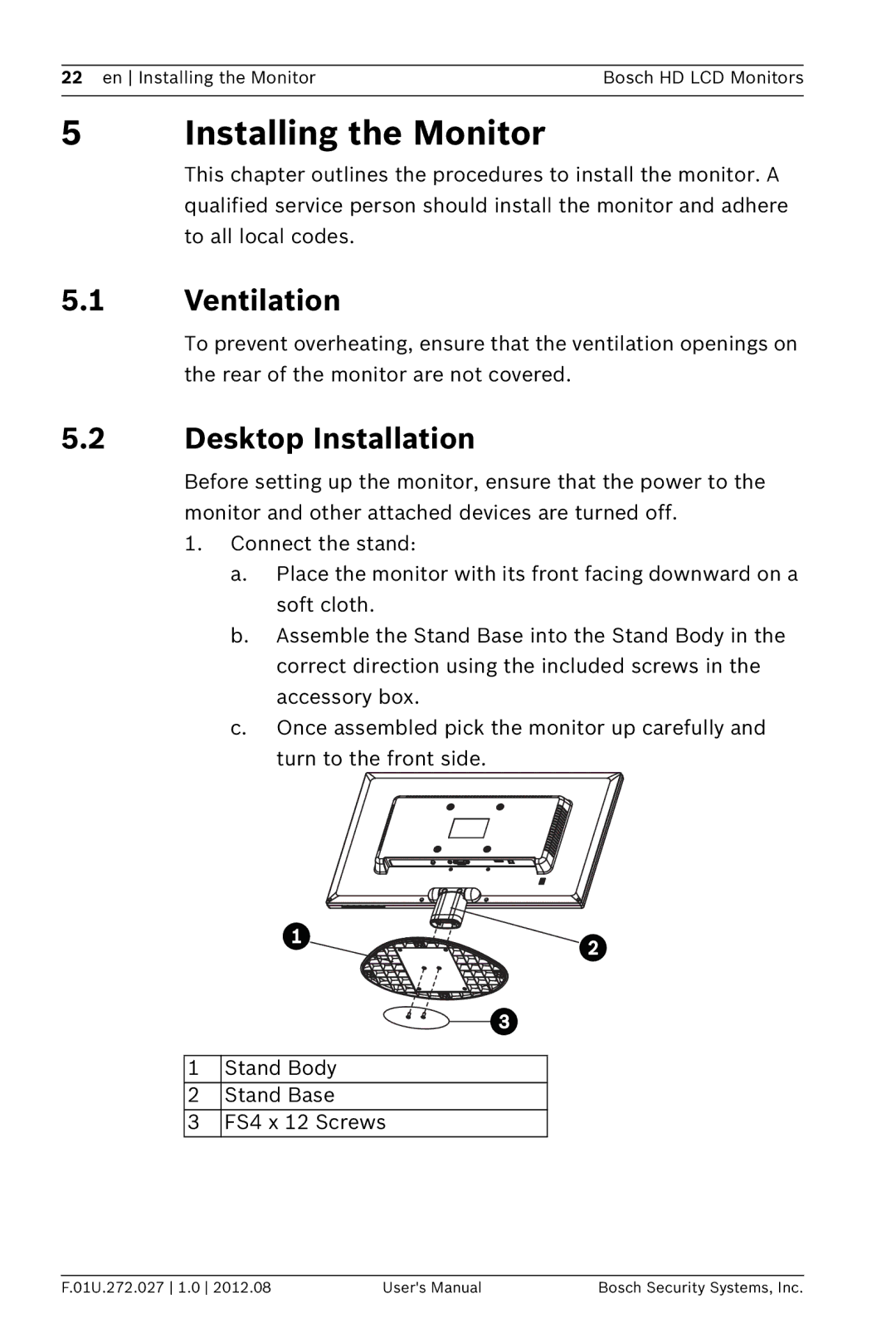 Bosch Appliances UML-223-90, UML-193-90 user manual Installing the Monitor, Ventilation, Desktop Installation 