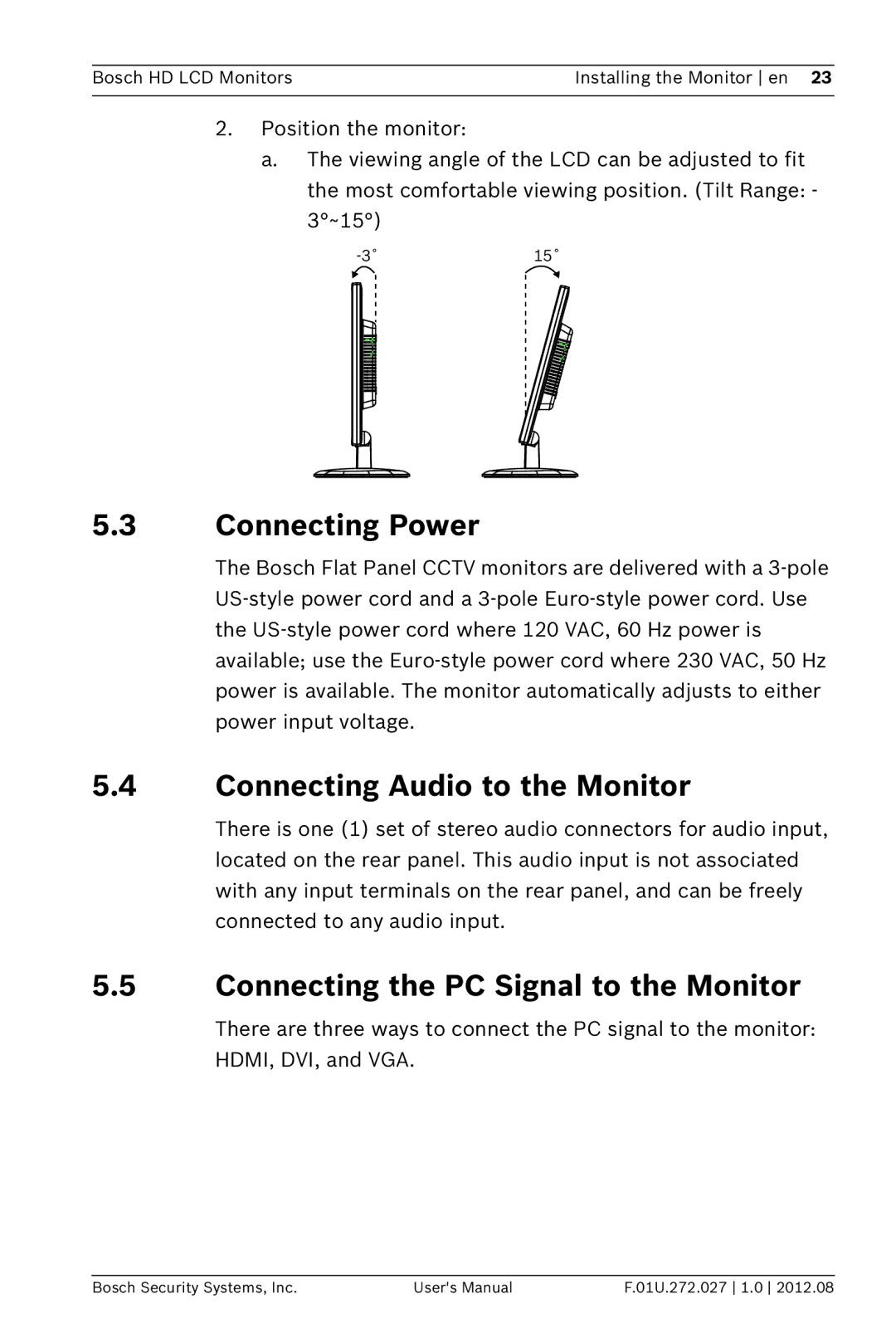 Bosch Appliances UML-193-90 Connecting Power, Connecting Audio to the Monitor, Connecting the PC Signal to the Monitor 