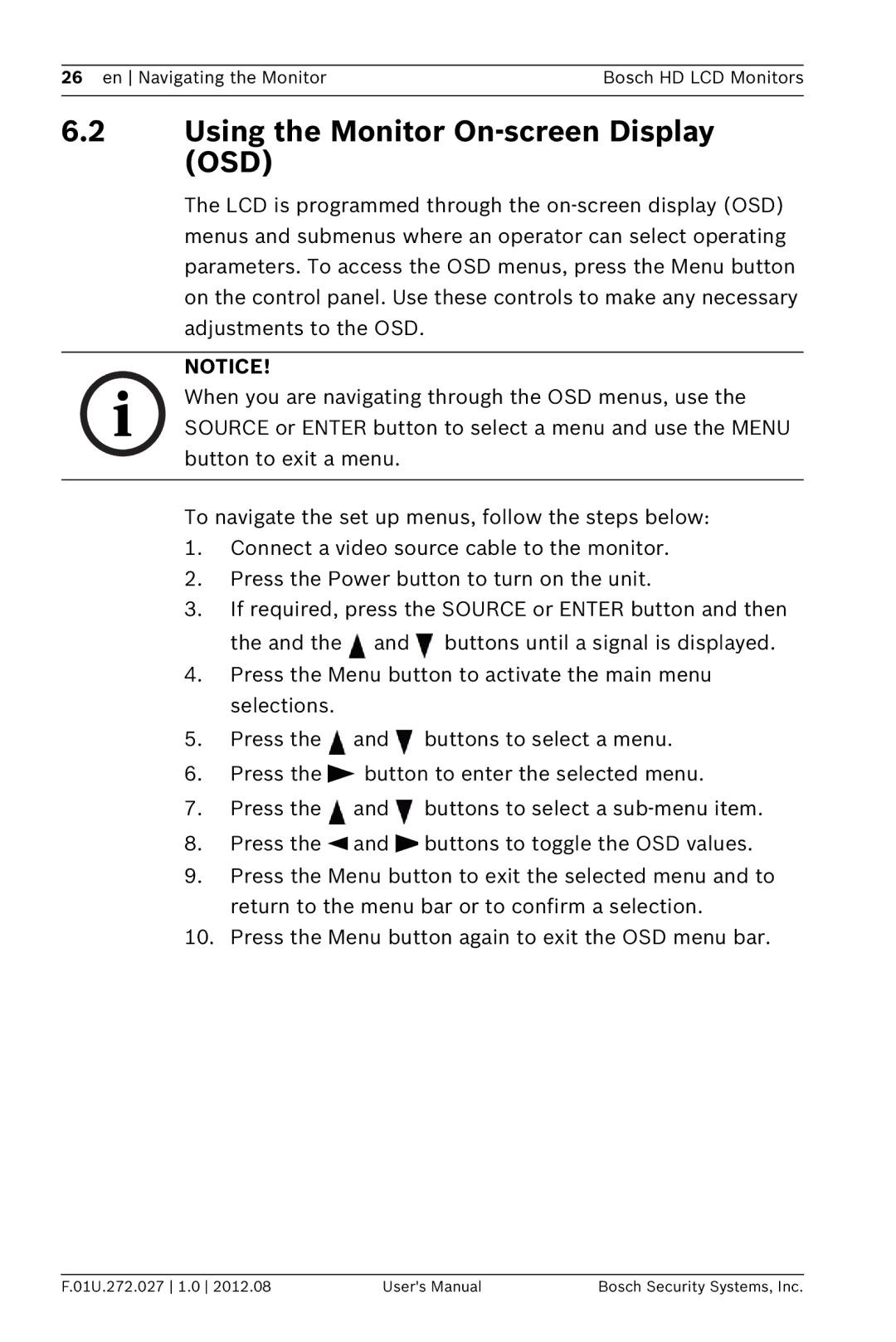 Bosch Appliances UML-223-90, UML-193-90 user manual Using the Monitor On-screen Display OSD 