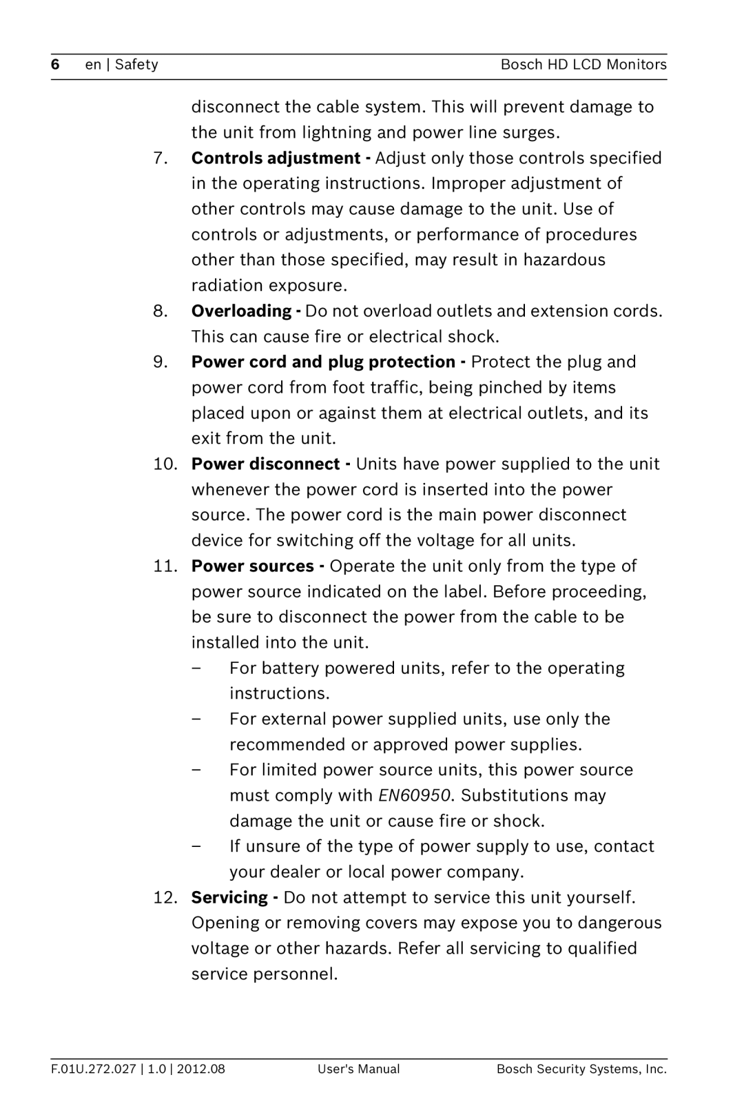 Bosch Appliances UML-223-90, UML-193-90 user manual En Safety Bosch HD LCD Monitors 