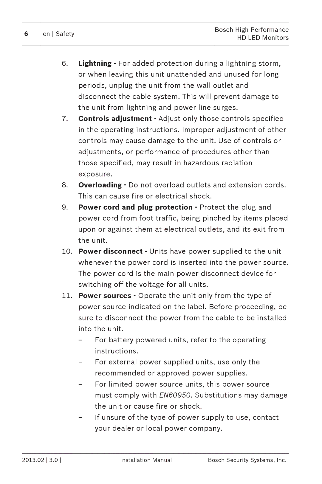 Bosch Appliances UML-273-90 installation manual En Safety Bosch High Performance HD LED Monitors 