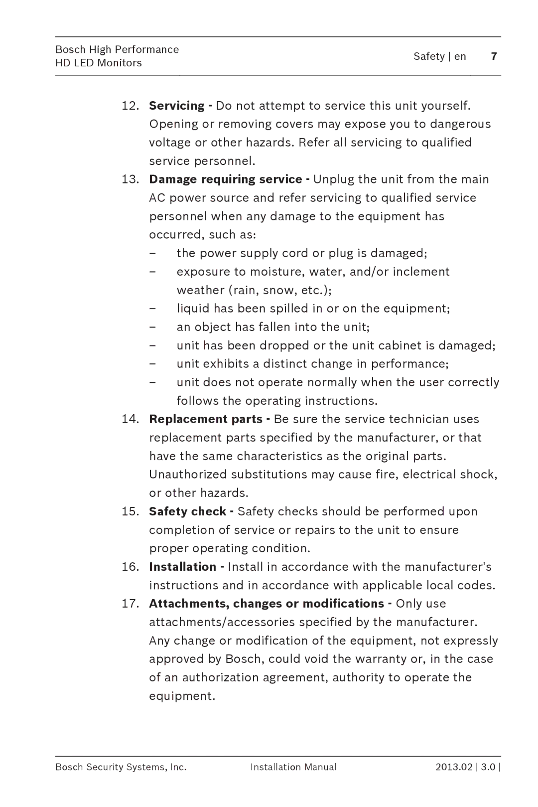 Bosch Appliances UML-273-90 installation manual Bosch High Performance Safety en HD LED Monitors 