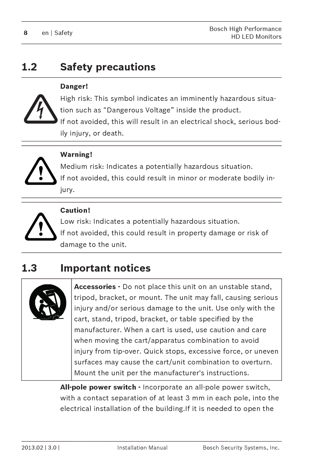 Bosch Appliances UML-273-90 installation manual Safety precautions, Important notices 