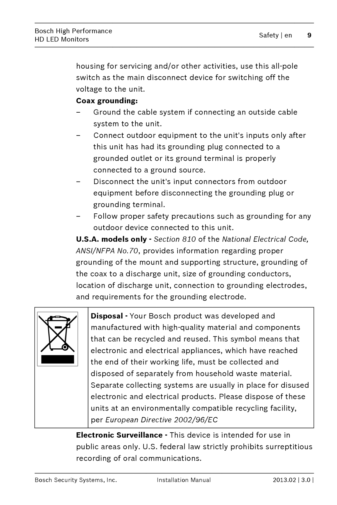 Bosch Appliances UML-273-90 installation manual Coax grounding 