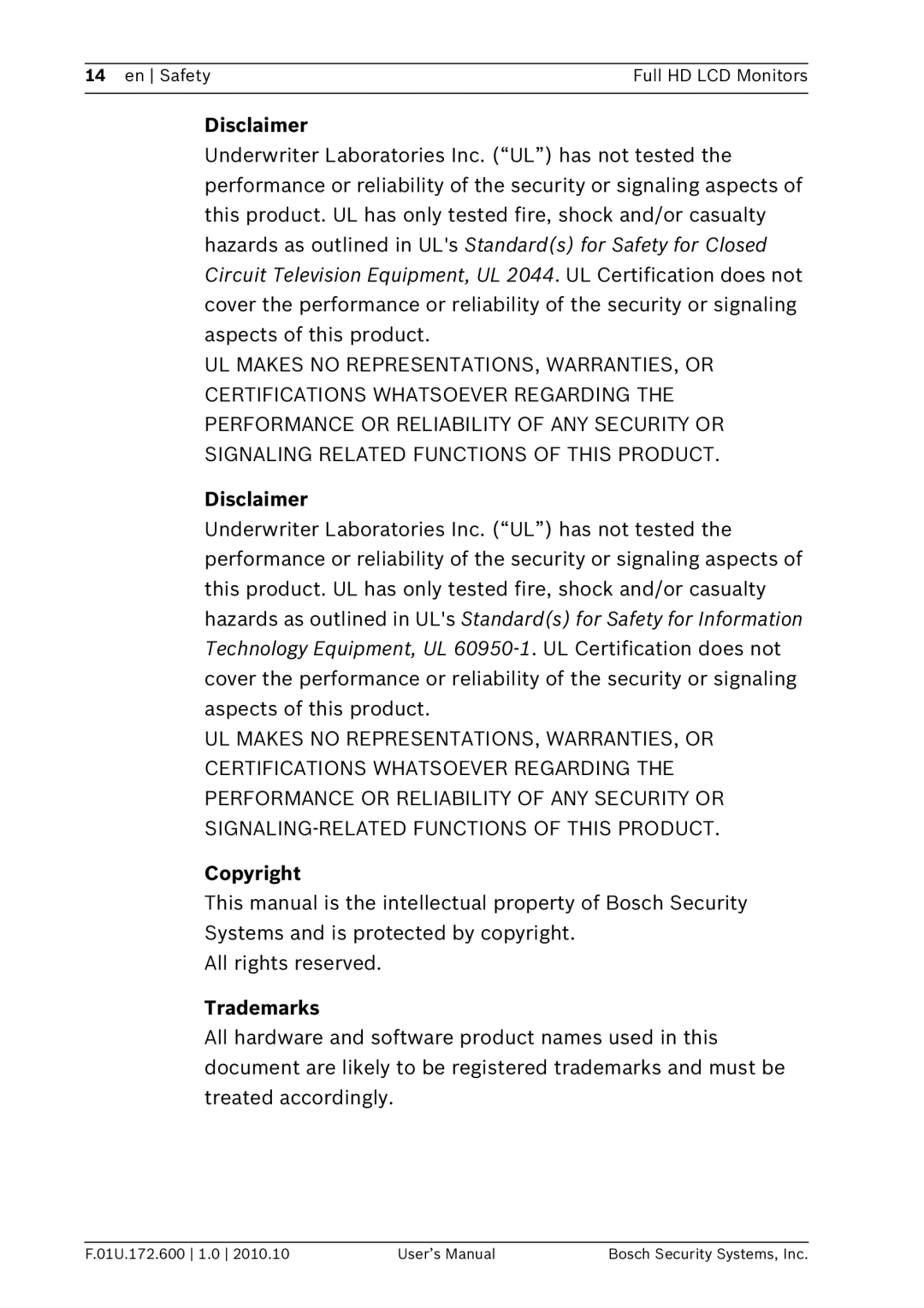 Bosch Appliances UML-422-90, UML-262-90 user manual Disclaimer, Copyright, Trademarks 