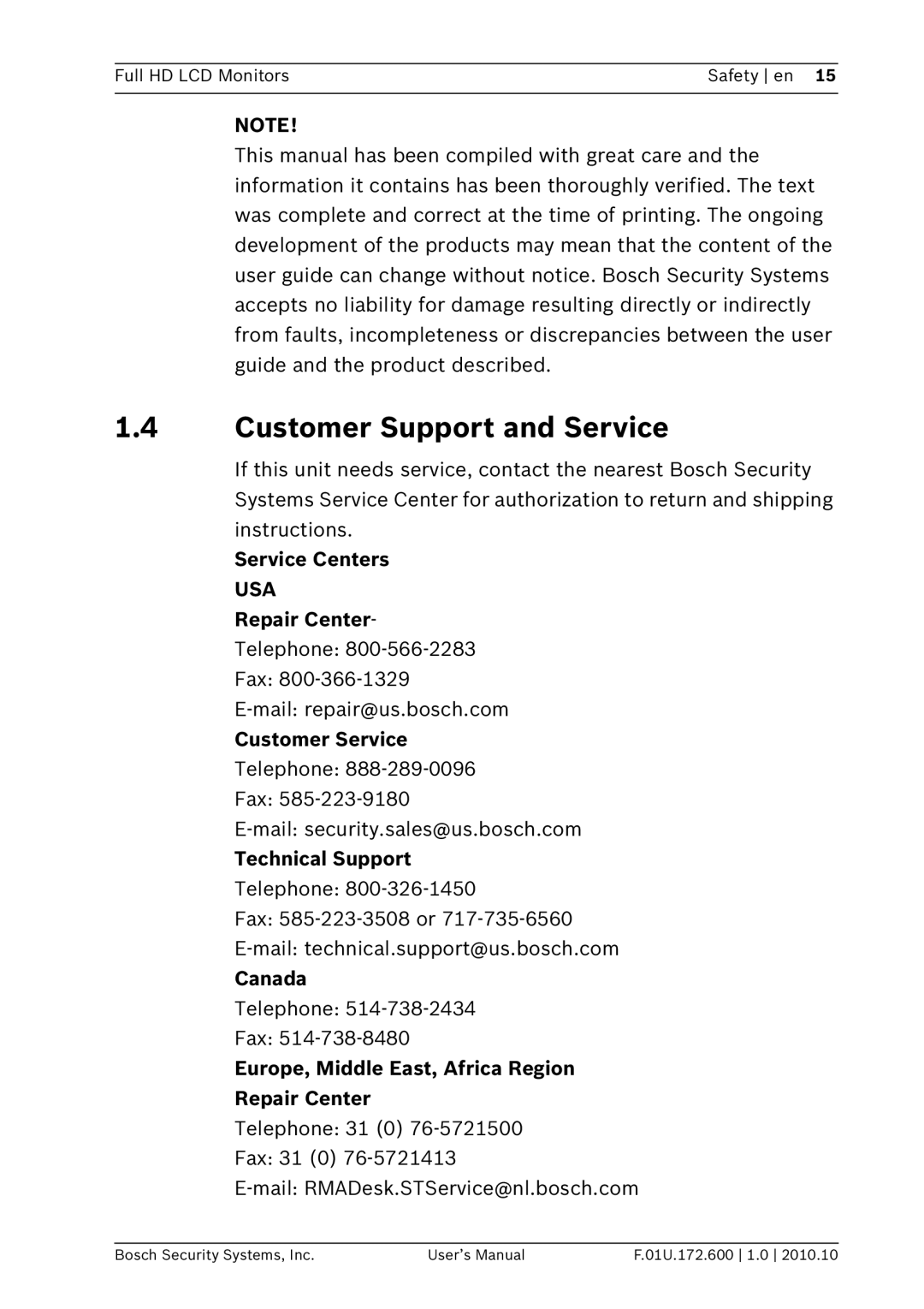 Bosch Appliances UML-262-90, UML-422-90 user manual Customer Support and Service 