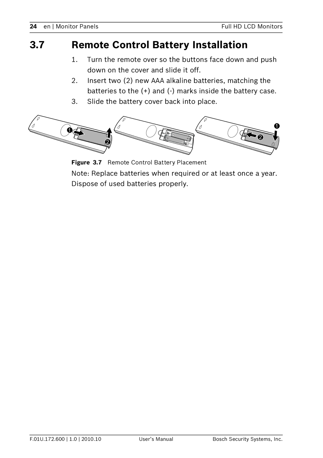 Bosch Appliances UML-422-90, UML-262-90 user manual Remote Control Battery Installation, Remote Control Battery Placement 