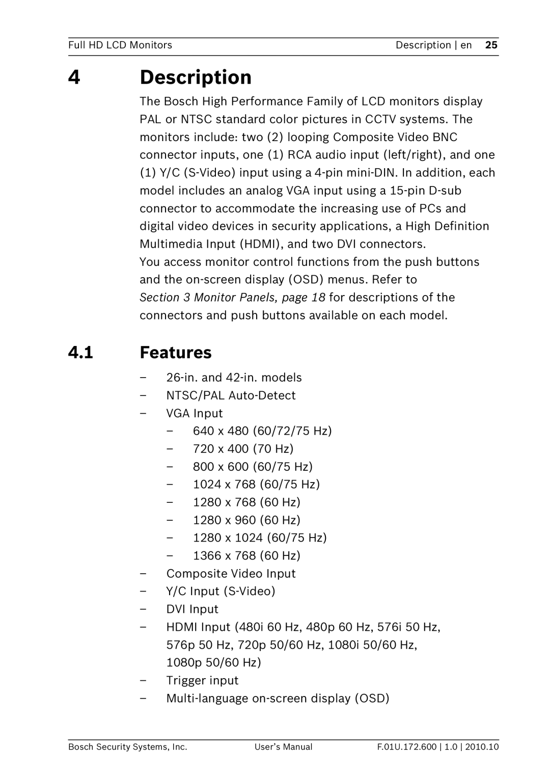 Bosch Appliances UML-262-90, UML-422-90 user manual Description, Features 