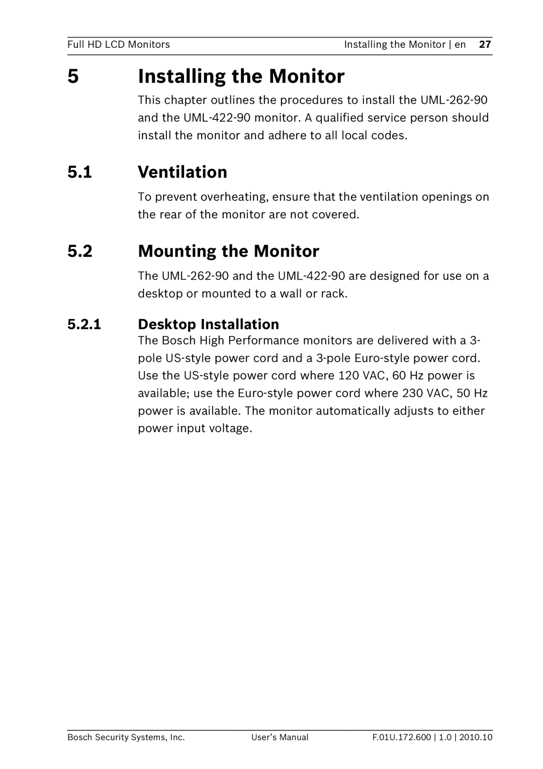 Bosch Appliances UML-262-90, UML-422-90 user manual Installing the Monitor, Ventilation, Mounting the Monitor 