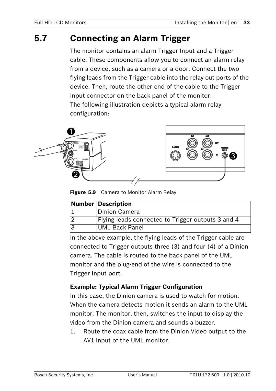 Bosch Appliances UML-262-90 Connecting an Alarm Trigger, Number Description, Example Typical Alarm Trigger Configuration 