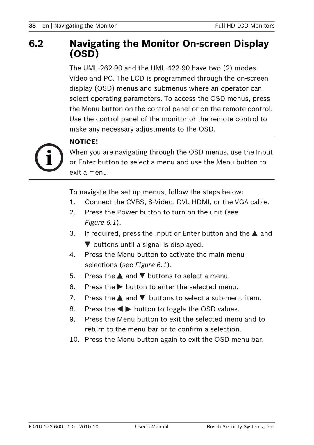 Bosch Appliances UML-422-90, UML-262-90 user manual Navigating the Monitor On-screen Display OSD 