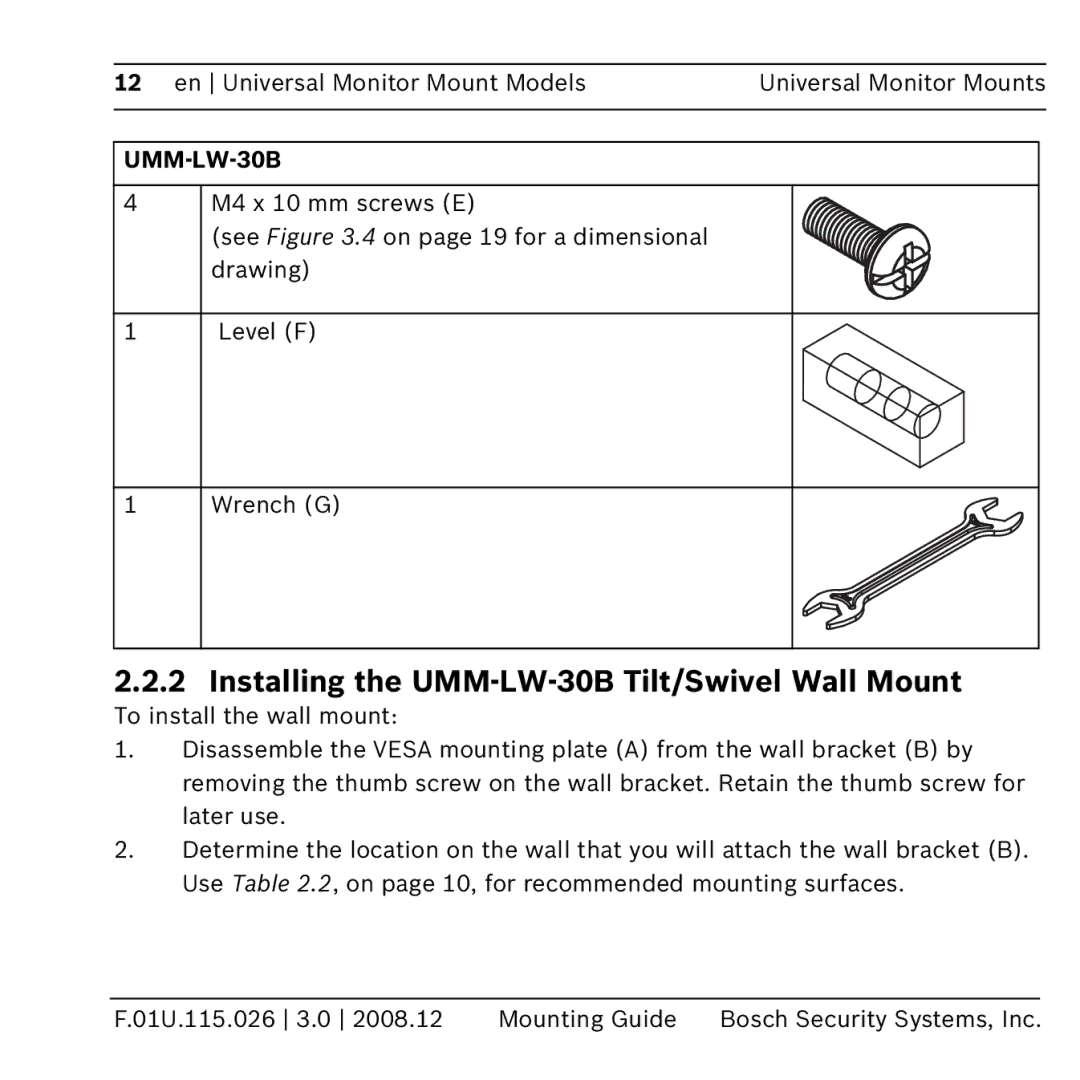 Bosch Appliances umm-lw-20b manual Installing the UMM-LW-30B Tilt/Swivel Wall Mount 