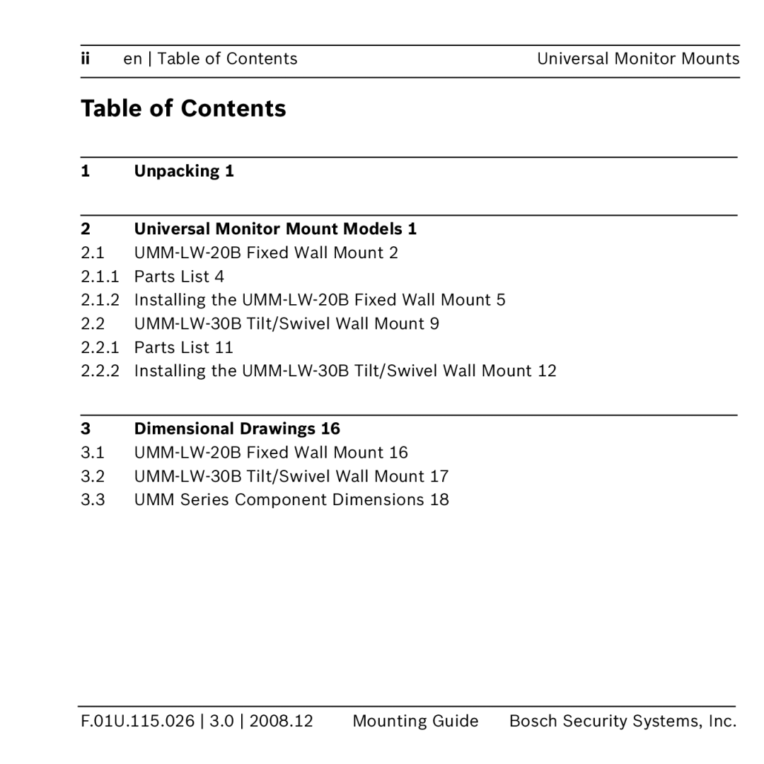 Bosch Appliances umm-lw-20b manual Table of Contents 